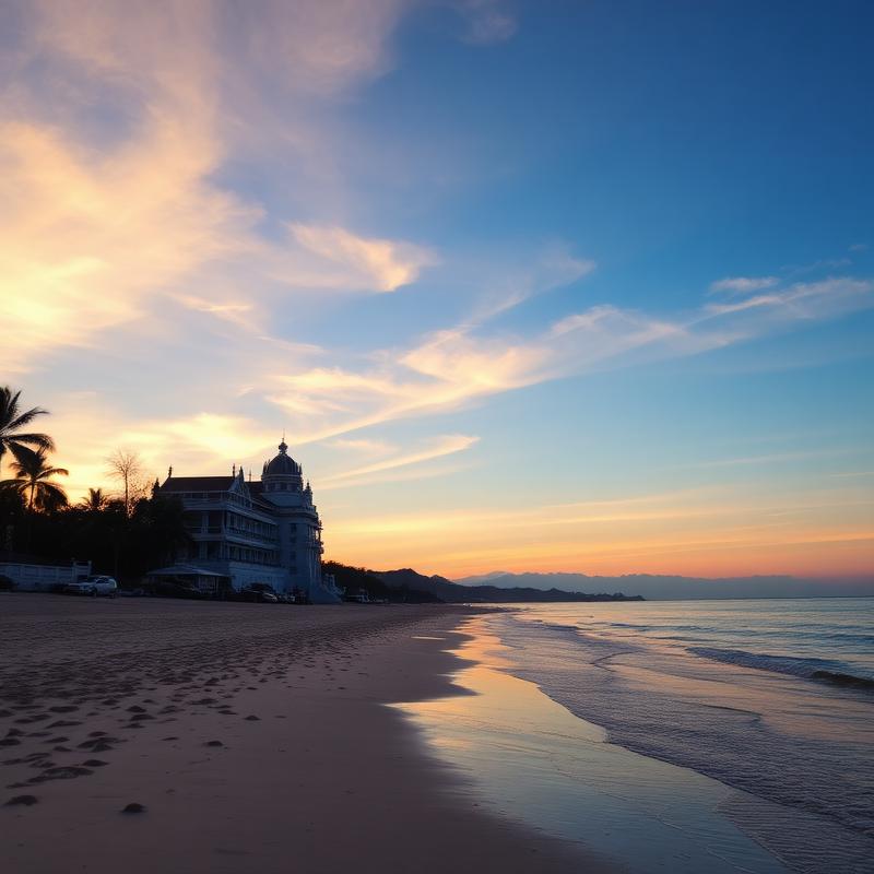 Hua Hin beach at sunset with seaside palace