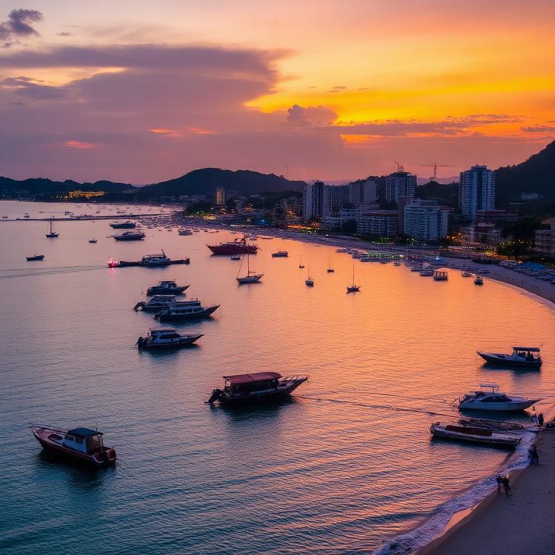 Pattaya bay with boats at sunset