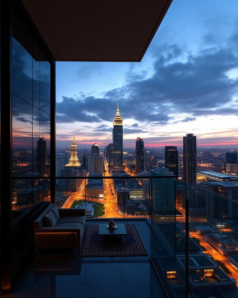 Sleek high-rise duplex balcony with Bangkok skyline at dusk