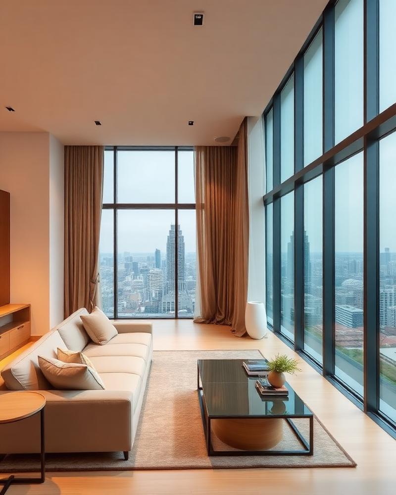 Modern condo interior in Thong Lo with floor-to-ceiling windows over Bangkok